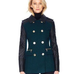 Michael Kors Wool Blend Double Breasted Mixed Media Pea Coat Green‎ Size XS